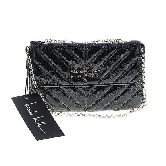 Nicole Miller New York Black Glossy Quilted Chevron Cross Body w/Gold Tone Chain - Picture 1 of 3